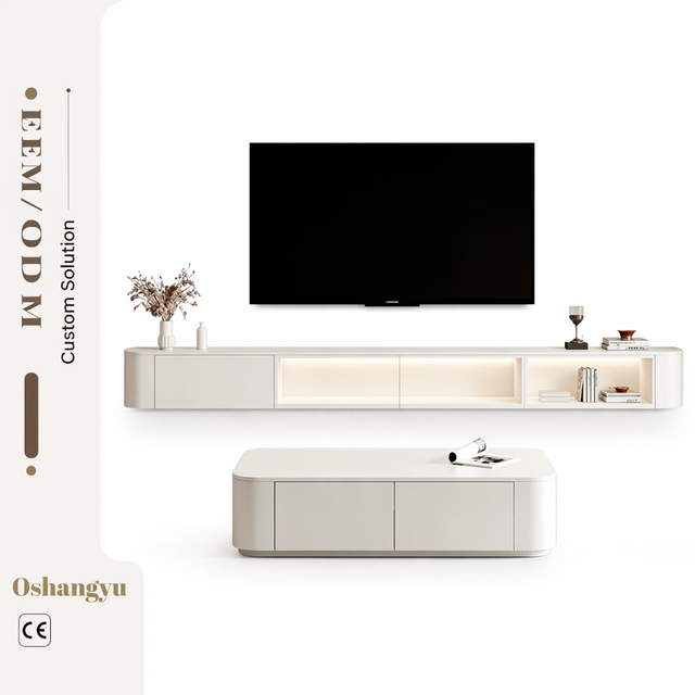 Luxury White Wood Wall-Mounted TV Stand New Designed Floating Media Console with Led Unit Luxury TV Stands