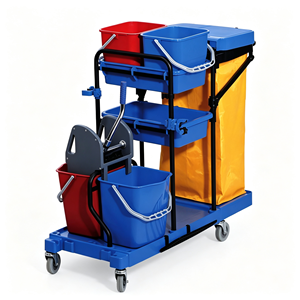 Chariot de nettoyage commercial pour hôtels et hôpitaux, chariot de conciergerie avec seaux amovibles, support à déchets, étagère multi-niveaux, silencieux - Product Image 1