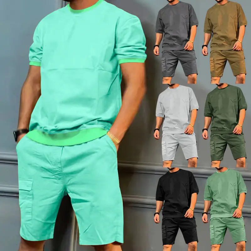 Summer men's cargo sports suit multi bag pants trend casual short sleeve shorts personality suit men