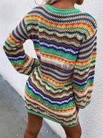 M0578 Rajutan Wanita Kerah Bulat Motif Garis Pelangi Model Panjang Sedang Sweater Wanita Lengan Panjang Gaun Rajutan