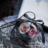 Fleur éternelle acrylique Double boule de rose multiple paquet cadeau créatif remorque suspendue 7CM avec boîte-cadeau exquise