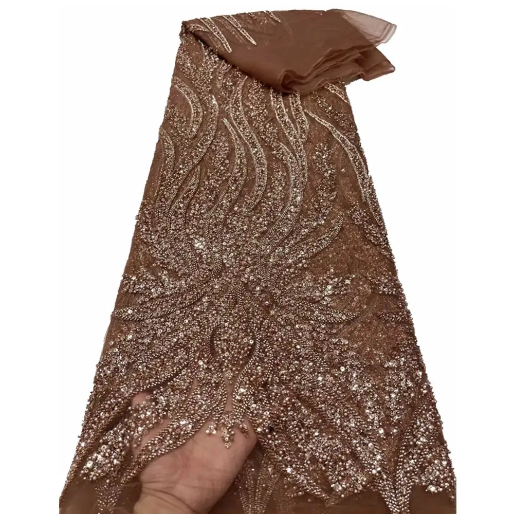 Robe de mariée européenne de luxe marron mariée Tulle Sequin dentelle perlage et tissu de perles broderie perlée à la main tissu de dentelle à paillettes