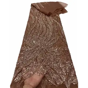 Brown luxo europeu casamento vestido nupcial tule lantejoula laço beadwork e pérola tecido mão frisada bordado lantejoula laço tecido