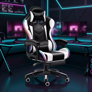 Fauteuil de Gamer Inclinable Coloré en Cuir Rose, Chaise de Course Predator RGB avec Lumières et Haut-parleurs, Fonction Massage - Product Image 1