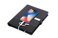 Carnet de notes exécutif en cuir PU avec logo personnalisé, format A5, batterie externe intégrée et câble de charge sans fil