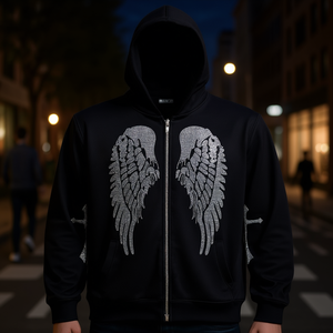 Sudadera con capucha para mujer de marca personalizada, con cremallera, alas de diamantes de imitación bordadas, forro polar, ropa casual de invierno, manga larga - Product Image 2