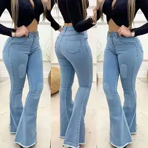 Vente en gros bleu Boyfriend Pantalones De Mujer femmes Flare Bell Bottom pantalon jean taille haute grande taille Jeans en jean pour femmes