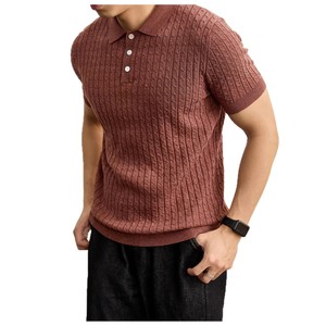 Polo en tricot pour homme à manches courtes, maille torsadée, couleur unie, style business décontracté, abricot, café, bleu roi, rouge bordeaux - Product Image 5