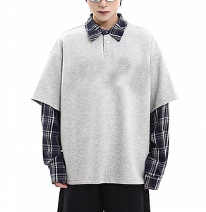 Commercio all'ingrosso autunno nuova tendenza Streetwear Polo con collo a manica lunga camicia di flanella Patchwork a manica corta felpa da <span class=keywords><strong>uomo</strong></span> - Product Image 5