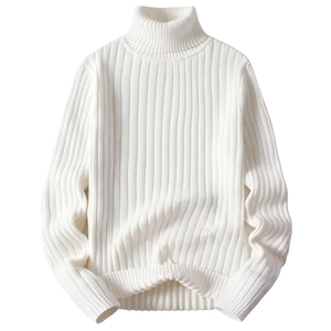 Pull Col Roulé Tricoté Gros Côtelé Personnalisé OEM, Coupe Oversize, Blanc Crème, Homme Femme, Fournisseur de Tricots d'Hiver à Col Haut - Product Image 1