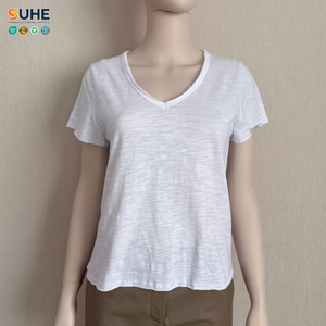 SUHE Custom All Seasons <b>White</b> 100% Cotton Washed V-Neck Loose Fit Short Sleeve Embroidery Casual Women's T-Shirt Anti-Shrink - Product Image 5