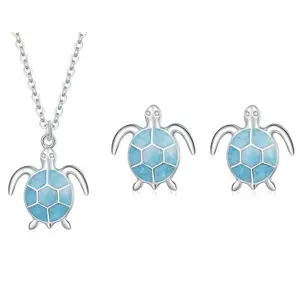 blue turtle necklace earring set women 2022 summer beach bohemian style 925 sterling silver Fine jewelry sets