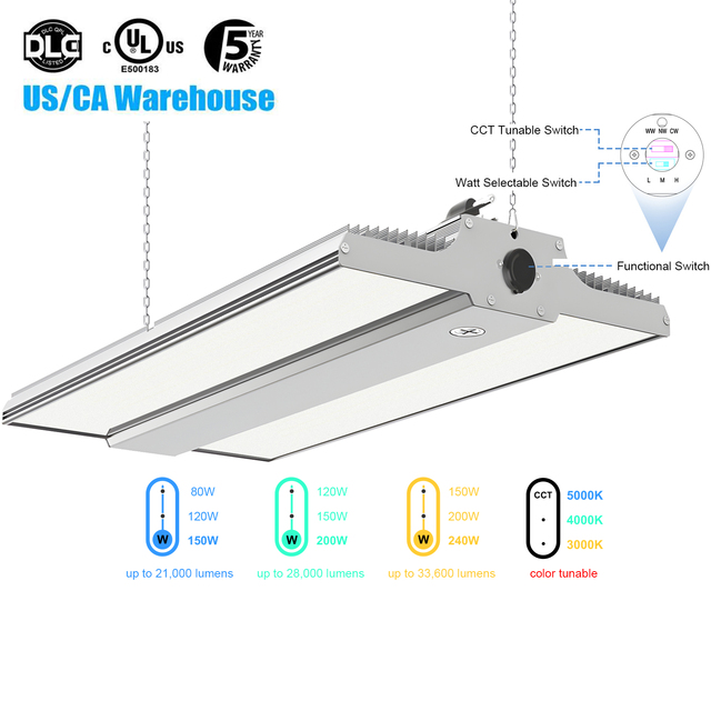 CCT&Power Tunable 150W 200W 240W 300W 400W IP65 Commercial Gym Supermarket Warehouse Office LED Linear High Bay Panel Light