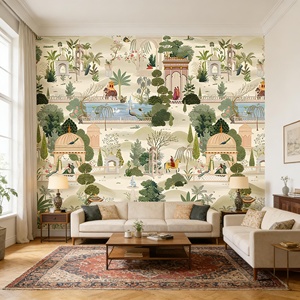 Mural Panorámico de Jardín Tradicional Mughal con Arco de Árboles Tropicales, Templo, Pavo Real y Caballo - Product Image 3