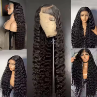 Wig Rambut Asli Brasil Deep Wave Lace Frontal Transparan HD 180% Density untuk Wanita Kulit Hitam