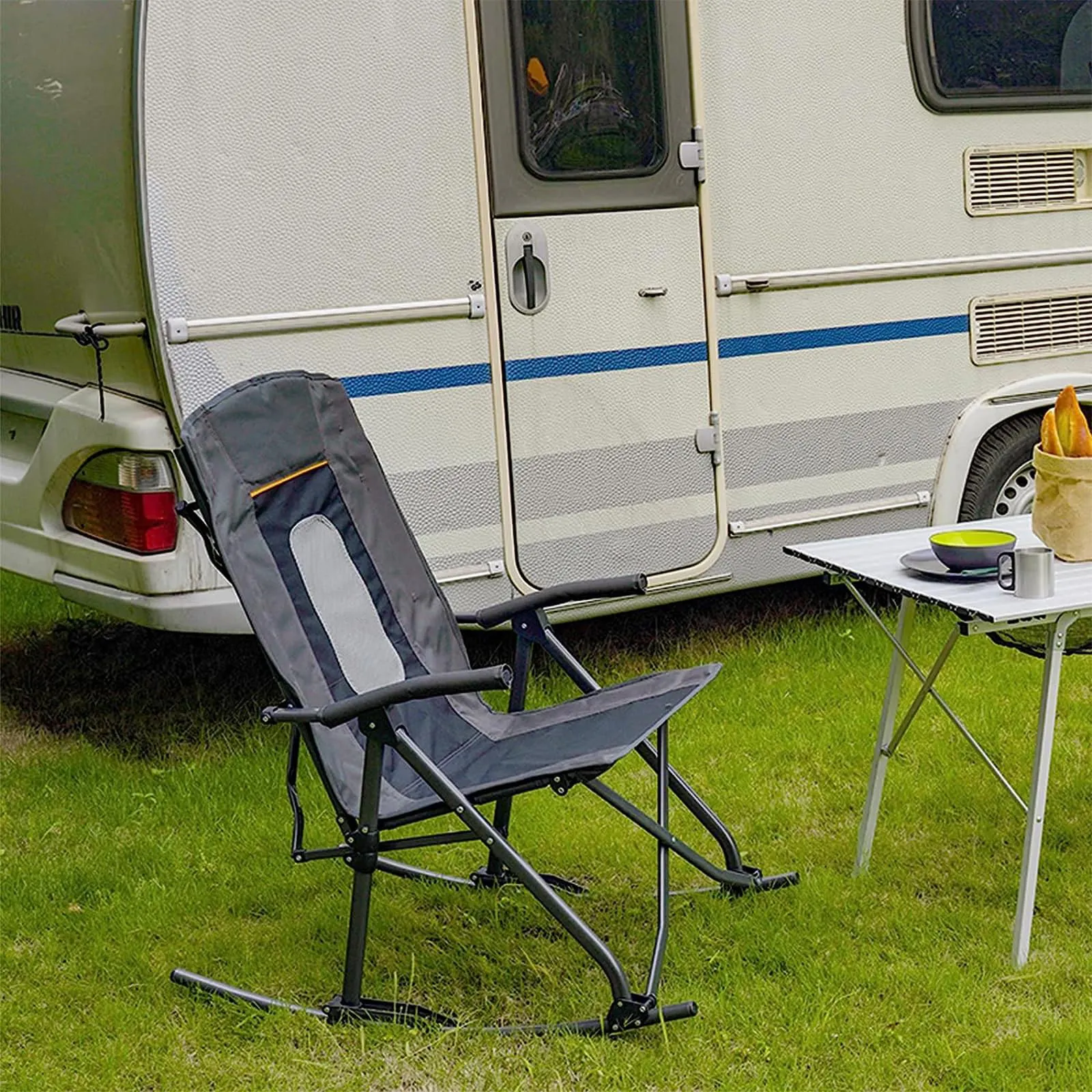 Übergroßer tragbarer Outdoor-Camping-Schaukelstuhl hoher Rücken harte Armlehnen 300 Pfund Unterstützung Netzrücken faltbare Tragetasche inklusive