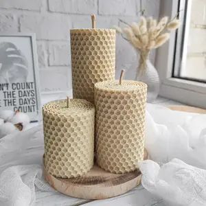 Small medium and large beige Set of hand rolled beeswax candles pillar candle
