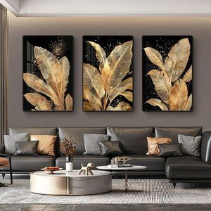 Peintures murales de luxe à feuilles dorées pour fond de canapé, salon, 3 panneaux 3D, peinture en porcelaine cristalline à motifs végétaux - Product Image 1