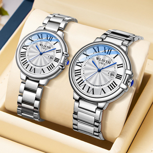 Romantic <strong>His</strong> <strong>and</strong> <strong>Hers</strong> Matching <strong>Watches</strong> Roman Numeral Dial Date Stainless Steel Couple Wristwatch - Product Image 1
