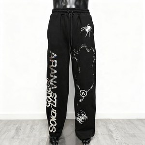 Streetwear avec logo imprimé personnalisé pour hommes, ensemble de pantalons de survêtement à jambe droite, jogging décontracté en coton lavé avec pantalon de survêtement évasé taille moyenne - Product Image 1