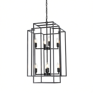Lámpara Colgante Industrial Estilo Rústico de 8 Luces, Negra, Rectangular, de Hierro, con Base para Bombilla E26 - Product Image 1
