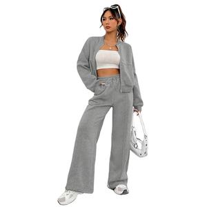 Ensemble de survêtement décontracté pour femme en deux pièces, couleur unie, fermeture éclair, coupe ample, style évasé, automne 2025, Channel 6 Colors - Product Image 2