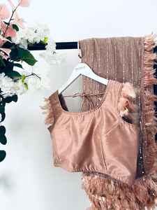 Elegante Sari Jari Importado con Blusa de Seda Bangry, Borde de Encaje de Plumas, Estilo Casual, Ropa de Ocasión India y Pakistaní - Product Image 5