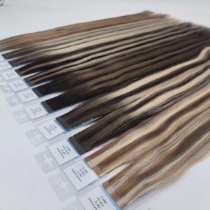 Extensioni per capelli umani Remy con nastro adesivo, capelli cinesi, 24 pollici, castano <span class=keywords><strong>scuro</strong></span>/<span class=keywords><strong>biondo</strong></span> caramello con riflessi, doppia trama a macchina, 20 pezzi/50g - Product Image 6