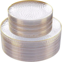 Services de vaisselle jetables transparents avec bord doré, assiettes de fête robustes effet martelé, en plastique alimentaire anti-fuite pour banquets de mariage