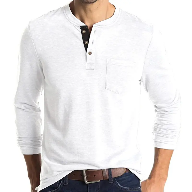 Camiseta de algodón de cuello redondo personalizada para hombre, ropa blanca con botones abiertos, camiseta suave con solapa, camiseta de manga larga