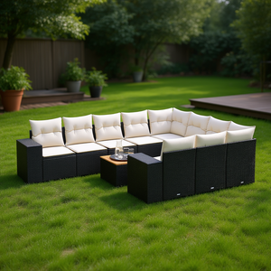 Ensemble de salon de jardin en rotin blanc crème et noir avec coussins, 8 places, mobilier d'extérieur, design contemporain - Product Image 2
