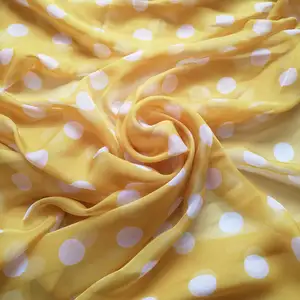 数码印花黄色圆点印花雪纺面料夏季连衣裙