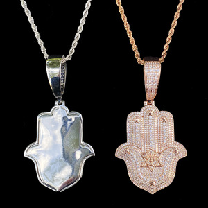 Collana Hip Hop con Ciondolo Mano di Hamsa in Ottone e Zirconia Cubica, Stella di <span class=keywords><strong>David</strong></span> Completamente Tempestata di Brillanti, Placcata Oro, Gioiello Unisex per Feste - Product Image 6
