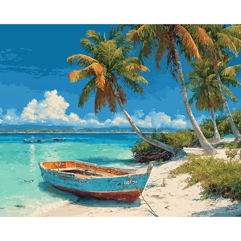 Bleu ciel-Bateaux et cocotiers