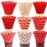 Pailles en papier longues biodégradables jetables Série Rouge avec motif à pois et rayures imprimés pour fêtes et bars, 6 mm, fabriquées en Chine