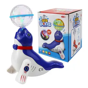 Mainan hewan Putar Universal yang dioperasikan baterai lucu bola anak-anak menari di kepala listrik Led singa laut dengan lampu berkedip