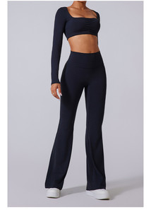 CY002 Pantalones Acampanados de Cintura Alta para <span class=keywords><strong>Mujer</strong></span>, Top Deportivo de Cuello Cuadrado, Conjunto de Yoga Sexy de Manga Larga - Product Image 6