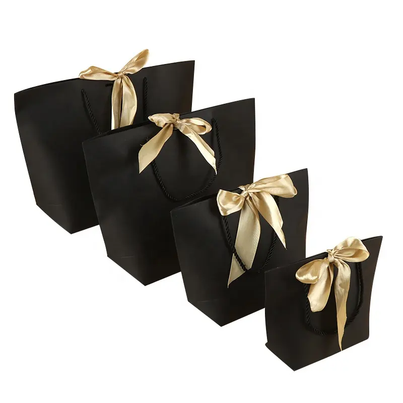 Sacs à provisions cadeaux en papier kraft noir en gros d'usine de haute qualité avec arc de ruban doré