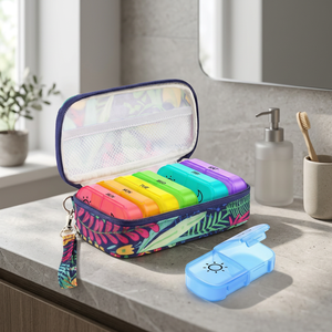 <b>Pill</b> Organizer PB6314-Portable BPA-Free Plastic <b>Pill</b> Box Dispenser with 14 Compartments & Tropical Leaf Pattern Storage <b>Case</b> - Product Image 3