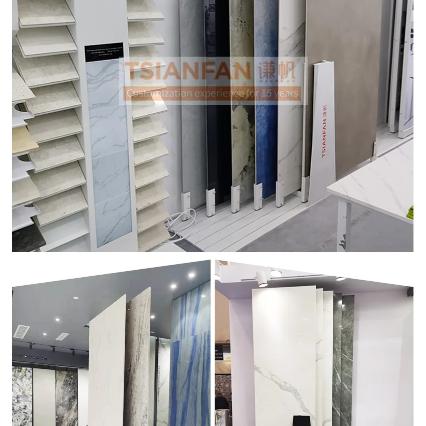 Tsianfan Retail Custom Artificial Quartz Sintered Stone Display Rack Pull-Out Big Slab Tile Display Stand With 6 Sliding Guides