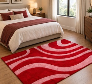 Tapis moderne abstrait rouge rose |   Tapis à motifs ondulés tufté à la main avec envers en latex pour la décoration de la chambre à coucher et du salon - Product Image 3