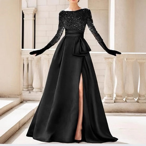 Black Long Sleeve <b>Sequined</b> Evening Gown Boat Neck High Slit Full Length Formal Dress For Banquet Party - Product Image 1