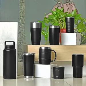 Thermoskan 12Oz Roestvrij Staal Water Fles Custom Logo Set Matte Black Tumbler Geïsoleerde Koffie Mok Met Handvat