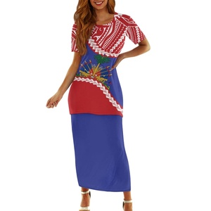 <span class=keywords><strong>Tahiti</strong></span> île du Pacifique Puletasi motif <span class=keywords><strong>de</strong></span> <span class=keywords><strong>tatouage</strong></span> tribal polynésien 2PC haut à manches courtes jupe costume qualité robe moulante en gros - Product Image 1