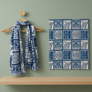 Blue White Floral Geometric Dobby Polyester Scarf Tassel Edge Lightweight <b>Shawl</b> Wrap for <b>Women</b> Travel Gift - Product Image 2