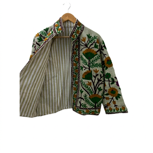 Floral Embroidered Cotton <b>Jacket</b> <b>Women</b> Mandarin Collar Handmade Boho Style <b>Spring</b> Wear Regular Length Full Sleeve TNT <b>Jacket</b> - Product Image 1