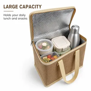Wholesale Custom Printed Natural Jute Tote with Aluminum Foil Lining Zipper Handle Reusable Food Storage Picnic Jute Cooler Bag - Product Image 3