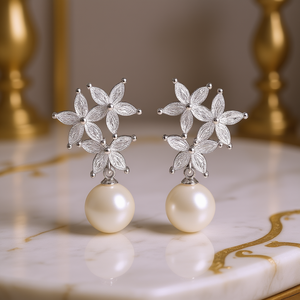 Boucles d'oreilles pendantes en or blanc E4256 avec perle de culture ronde AAA, bijoux de mariage classiques pour femmes, sertissage griffe en or 18 carats - Product Image 2