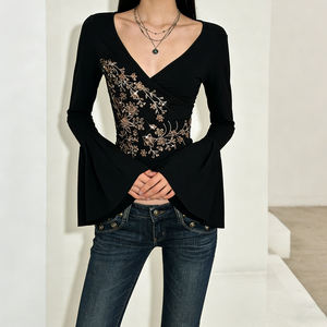 Women's <b>Black</b> V Neck <b>Long</b> <b>Sleeve</b> Wrap <b>Top</b> Gold Floral Embroidery Flared Cuff Slim Fit Stretch Fashion <b>Top</b> - Product Image 5