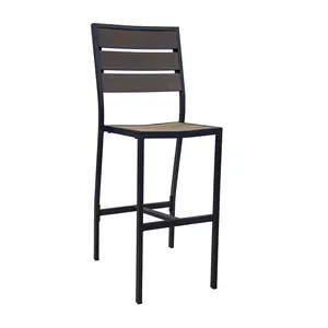 Patio Fully Welded Black Aluminum Frame And Brushed Brown Synthetic Barn Wood Slat Outdoor Restaurant Garden Side Bar Stool